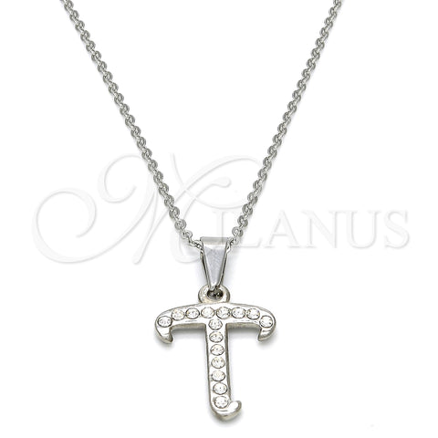 Stainless Steel Pendant Necklace, Initials and Rolo Design, with White Crystal, Polished, Steel Finish, 04.238.0022.18 (02 MM Thickness, 18 Inches Length)