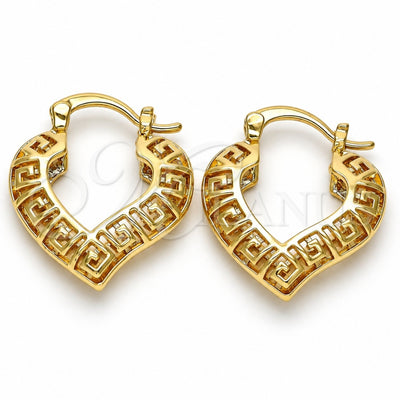 Oro Laminado Small Hoop, Gold Filled Style Greek Key and Heart Design, Polished, Golden Finish, 02.170.0112.25