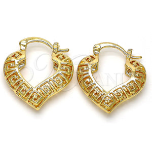 Gold Filled Hoop Earrings — Small Hoop Greek Key and Heart Design Polished — main product view — SKU 107979 | Oro Laminado aretes de aro — Small Hoop Greek Key and corazón diseño pulido — SKU 107979