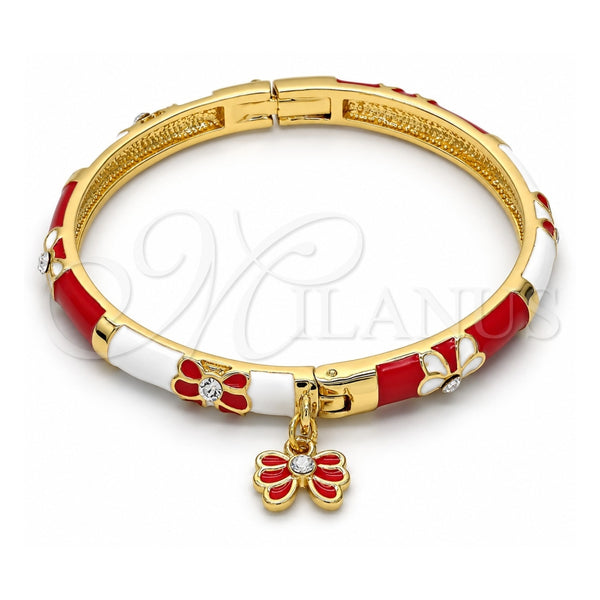 Oro Laminado Individual Bangle, Gold Filled Style Butterfly Design, with White Crystal, Red Enamel Finish, Golden Finish, 07.254.0001.1.03 (06 MM Thickness, Size 3 (2.00 Diameter))