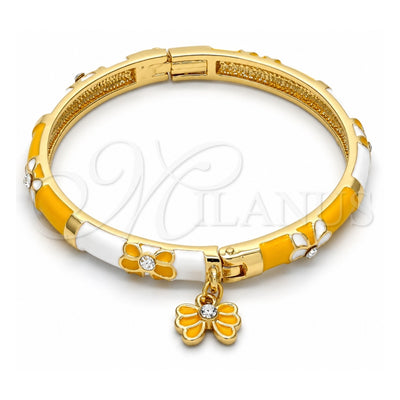 Oro Laminado Individual Bangle, Gold Filled Style Butterfly Design, with White Crystal, Yellow Enamel Finish, Golden Finish, 07.254.0001.03 (06 MM Thickness, Size 3 (2.00 Diameter))