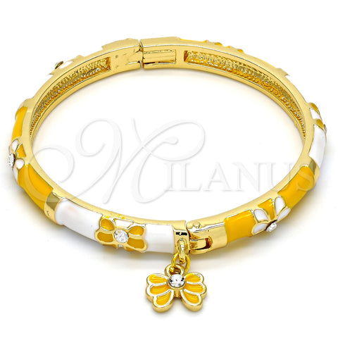 Oro Laminado Individual Bangle, Gold Filled Style Butterfly Design, with White Crystal, Yellow Enamel Finish, Golden Finish, 07.254.0001.03 (06 MM Thickness, Size 3 (2.00 Diameter))