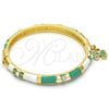 Oro Laminado Individual Bangle, Gold Filled Style Butterfly and Bow Design, with White Crystal, Green Enamel Finish, Golden Finish, 07.254.0001.2.03 (06 MM Thickness, Size 3 (2.00 Diameter))