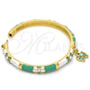 Oro Laminado Individual Bangle, Gold Filled Style Butterfly and Bow Design, with White Crystal, Green Enamel Finish, Golden Finish, 07.254.0001.2.03 (06 MM Thickness, Size 3 (2.00 Diameter))