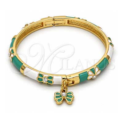 Oro Laminado Individual Bangle, Gold Filled Style Butterfly and Bow Design, with White Crystal, Green Enamel Finish, Golden Finish, 07.254.0001.2.03 (06 MM Thickness, Size 3 (2.00 Diameter))
