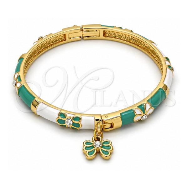 Oro Laminado Individual Bangle, Gold Filled Style Butterfly and Bow Design, with White Crystal, Green Enamel Finish, Golden Finish, 07.254.0001.2.03 (06 MM Thickness, Size 3 (2.00 Diameter))
