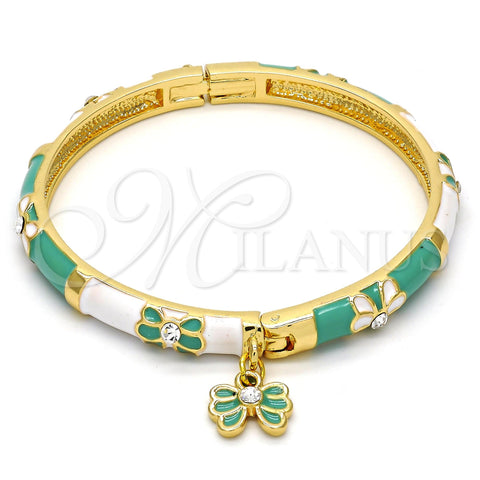Oro Laminado Individual Bangle, Gold Filled Style Butterfly and Bow Design, with White Crystal, Green Enamel Finish, Golden Finish, 07.254.0001.2.03 (06 MM Thickness, Size 3 (2.00 Diameter))