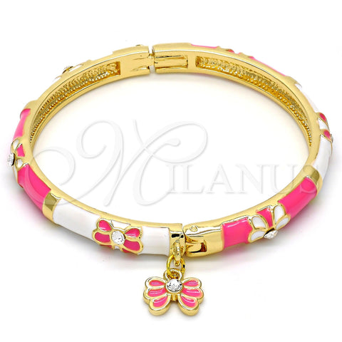 Oro Laminado Individual Bangle, Gold Filled Style Butterfly Design, with White Crystal, Pink Enamel Finish, Golden Finish, 07.254.0001.3.03 (06 MM Thickness, Size 3 (2.00 Diameter))