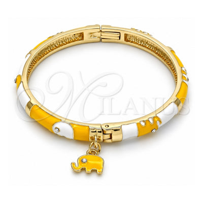 Oro Laminado Individual Bangle, Gold Filled Style Elephant Design, with White Crystal, Yellow Enamel Finish, Golden Finish, 07.254.0002.03 (06 MM Thickness, Size 3 (2.00 Diameter))