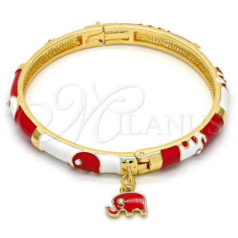 Oro Laminado Individual Bangle, Gold Filled Style Elephant Design, with White Crystal, Red Enamel Finish, Golden Finish, 07.254.0002.3.03 (06 MM Thickness, Size 3 (2.00 Diameter))