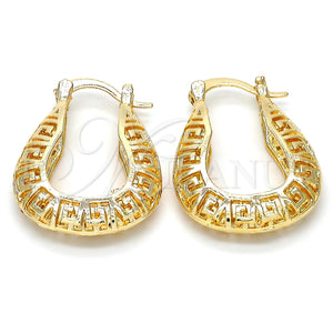 Gold Filled Hoop Earrings — Small Hoop Greek Key Design Polished 02. — main product view — SKU 108062 | Oro Laminado aretes de aro — Small Hoop Greek Key diseño pulido 02. — SKU 108062