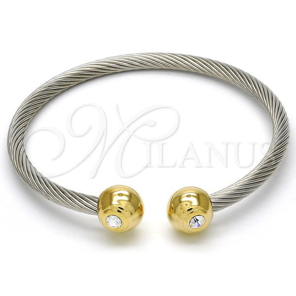 Stainless Steel Individual Bangle, Twist and Twist Design, with White Crystal, Polished, Two Tone, 07.138.0013 (04 MM Thickness, One size fits all)
