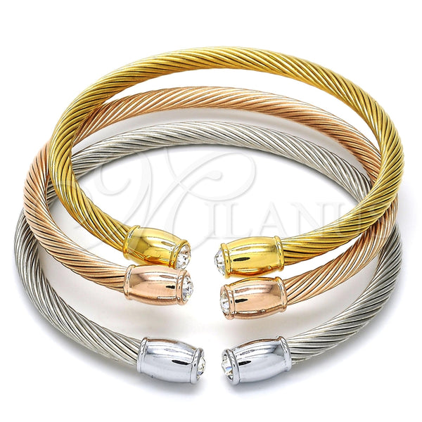 Stainless Steel Trio Bangle, Twist and Twist Design, with White Crystal, Polished, Tricolor, 07.138.0018 (04 MM Thickness, One size fits all)
