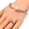 Stainless Steel Set Bangle, Twist and Twist Design, with Ivory Pearl, Polished, Two Tone, 13.138.0003 (04 MM Thickness, One size fits all)