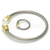 Stainless Steel Set Bangle, Twist and Twist Design, with Ivory Pearl, Polished, Two Tone, 13.138.0003 (04 MM Thickness, One size fits all)