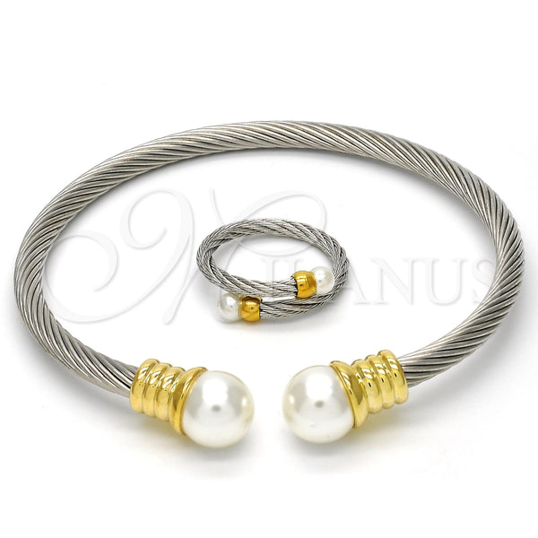 Stainless Steel Set Bangle, Twist and Twist Design, with Ivory Pearl, Polished, Two Tone, 13.138.0003 (04 MM Thickness, One size fits all)