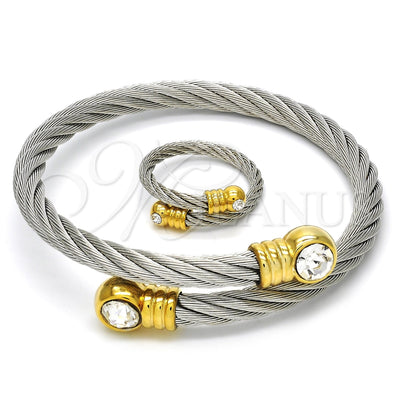Stainless Steel Set Bangle, Twist and Twist Design, with White Crystal, Polished, Two Tone, 13.138.0004 (05 MM Thickness, One size fits all)
