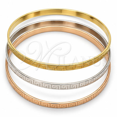 Stainless Steel Trio Bangle, Greek Key Design, Polished, Tricolor, 07.244.0004.06 (05 MM Thickness, Size 6 (2.75 Diameter))
