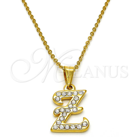 Stainless Steel Pendant Necklace, Initials and Rolo Design, with White Crystal, Polished, Golden Finish, 04.238.0031.1.18 (01 MM Thickness, 18 Inches Length)