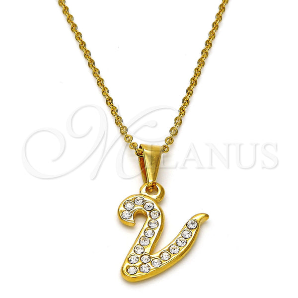 Stainless Steel Pendant Necklace, Initials and Rolo Design, with White Crystal, Polished, Golden Finish, 04.238.0028.1.18 (01 MM Thickness, 18 Inches Length)