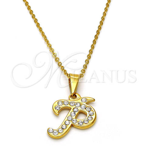 Stainless Steel Pendant Necklace, Initials and Rolo Design, with White Crystal, Polished, Golden Finish, 04.238.0025.1.18 (01 MM Thickness, 18 Inches Length)