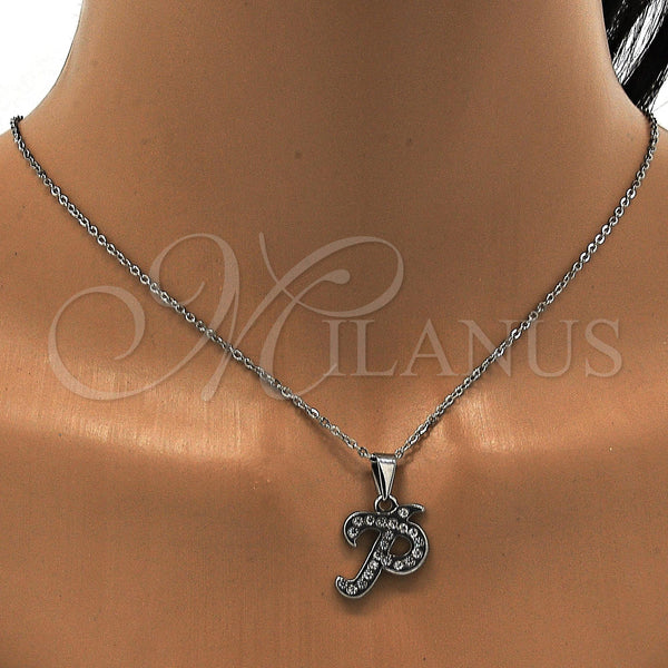Stainless Steel Necklace — Pendant Necklace Initials and Rolo Design with White — alternate product view — SKU 108117 | Acero Inoxidable collar — Pendant Necklace Initials and Rolo diseño with blanco — SKU 108117