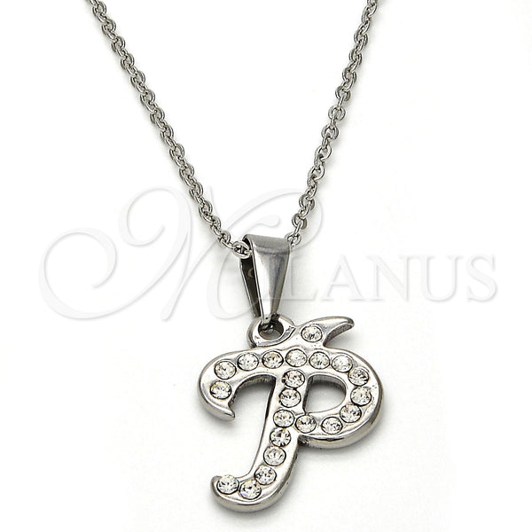 Stainless Steel Pendant Necklace, Initials and Rolo Design, with White Crystal, Polished, Steel Finish, 04.238.0025.18 (01 MM Thickness, 18 Inches Length)