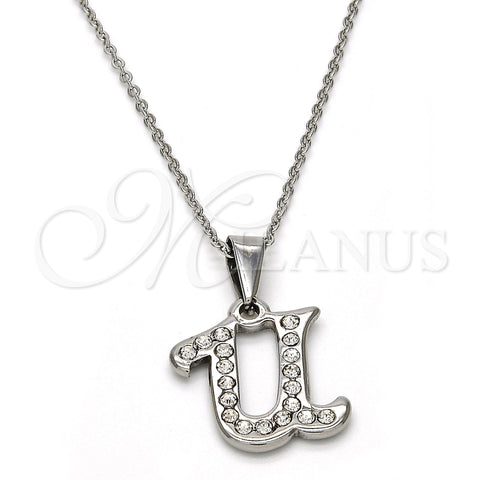 Stainless Steel Pendant Necklace, Initials and Rolo Design, with White Crystal, Polished, Steel Finish, 04.238.0027.18 (01 MM Thickness, 18 Inches Length)