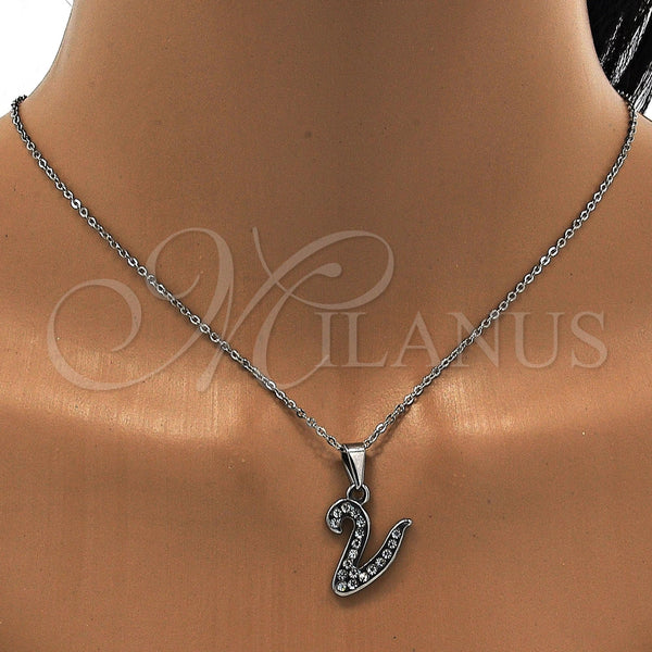 Stainless Steel Necklace — Pendant Necklace Initials and Rolo Design with White — alternate product view — SKU 108120 | Acero Inoxidable collar — Pendant Necklace Initials and Rolo diseño with blanco — SKU 108120