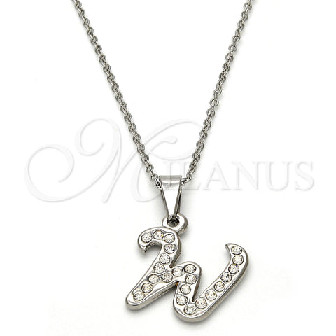 Stainless Steel Pendant Necklace, Initials and Rolo Design, with White Crystal, Polished, Steel Finish, 04.238.0029.18 (01 MM Thickness, 18 Inches Length)