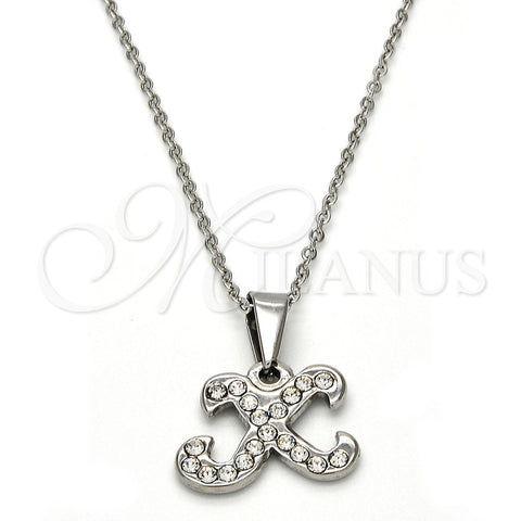 Stainless Steel Pendant Necklace, Initials and Rolo Design, with White Crystal, Polished, Steel Finish, 04.238.0030.18 (01 MM Thickness, 18 Inches Length)