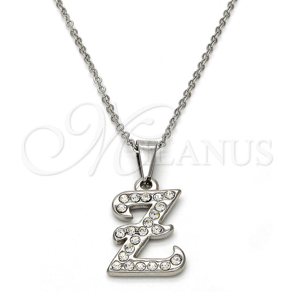 Stainless Steel Pendant Necklace, Initials and Rolo Design, with White Crystal, Polished, Steel Finish, 04.238.0031.18 (01 MM Thickness, 18 Inches Length)