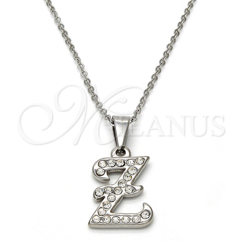Stainless Steel Pendant Necklace, Initials and Rolo Design, with White Crystal, Polished, Steel Finish, 04.238.0031.18 (01 MM Thickness, 18 Inches Length)
