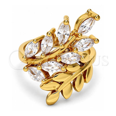 Oro Laminado Multi Stone Ring, Gold Filled Style Leaf Design, with White Cubic Zirconia, Polished, Golden Finish, 01.210.0008.07 (Size 7)
