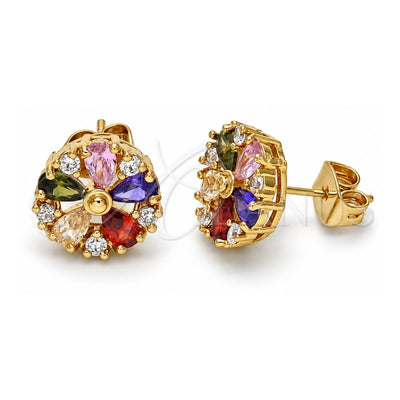 Oro Laminado Stud Earring, Gold Filled Style Flower Design, with Multicolor Cubic Zirconia, Polished, Golden Finish, 02.210.0040.1