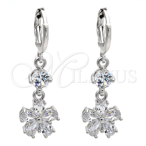 Rhodium Gold Filled Long Earring, Flower Design, with White Cubic Zirconia, Polished, Rhodium Finish, 02.206.0047