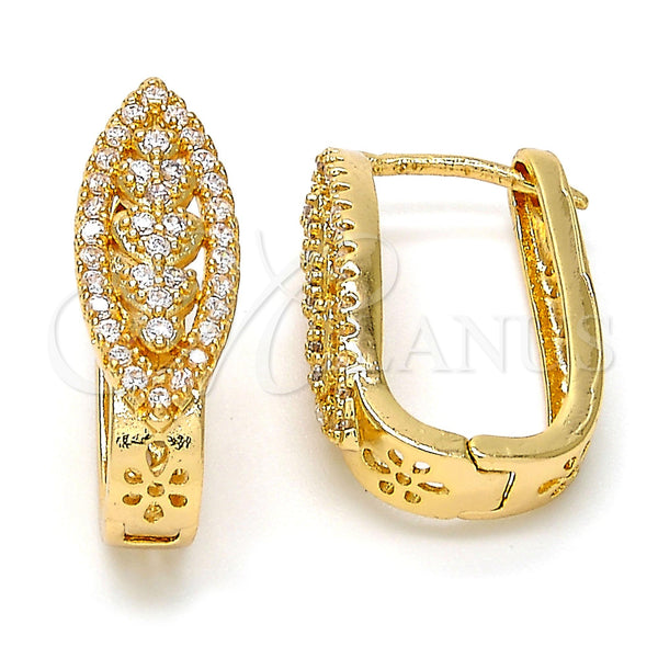 Gold Filled Hoop Earrings — Huggie Hoop Heart Design with White Micro Pave — main product view — SKU 108339 | Oro Laminado aretes de aro — Huggie Hoop corazón diseño with blanco Micro Pave — SKU 108339