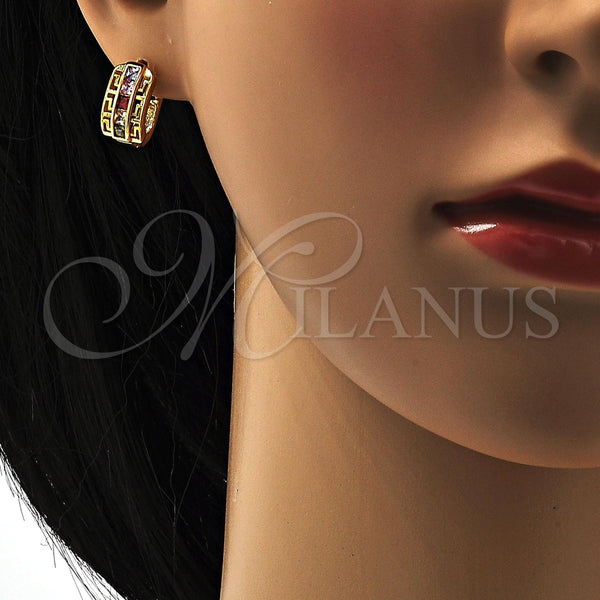Gold Filled Hoop Earrings — Huggie Hoop Greek Key Design with Multicolor Cubic — alternate product view — SKU 108346 | Oro Laminado aretes de aro — Huggie Hoop Greek Key diseño with Multicolor Cubic — SKU 108346