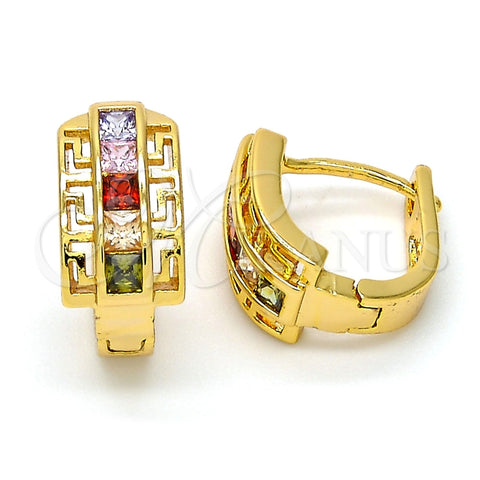 Oro Laminado Huggie Hoop, Gold Filled Style Greek Key Design, with Multicolor Cubic Zirconia, Polished, Golden Finish, 02.237.0015.1.15