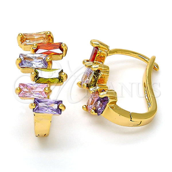 Gold Filled Hoop Earrings — Huggie Hoop Baguette Design with Multicolor Cubic Zirconia — main product view — SKU 108358 | Oro Laminado aretes de aro — Huggie Hoop Baguette diseño with Multicolor Cubic Zirconia — SKU 108358