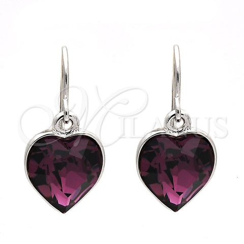 Rhodium Gold Filled Dangle Earring, Heart Design, with Amethyst Swarovski Crystals, Polished, Rhodium Finish, 02.239.0003.7