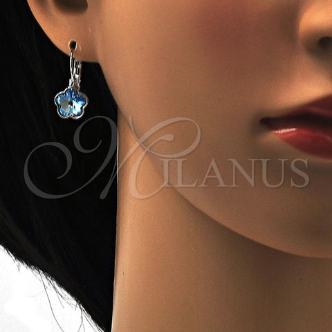 Rhodium Plated Leverback Earring, Flower Design, with Aquamarine Swarovski Crystals, Polished, Rhodium Finish, 02.239.0012.4