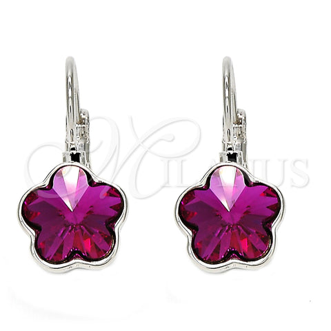 Rhodium Plated Leverback Earring, Flower Design, with Rose Swarovski Crystals, Polished, Rhodium Finish, 02.239.0012.5