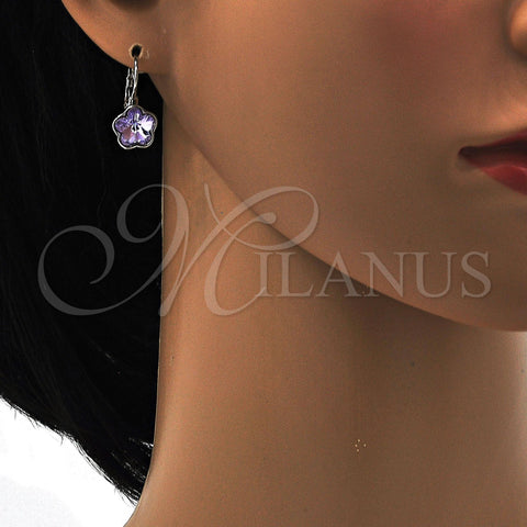 Rhodium Plated Leverback Earring, Flower Design, with Amethyst Swarovski Crystals, Polished, Rhodium Finish, 02.239.0012.6