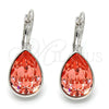 Rhodium Plated Leverback Earring, Teardrop Design, with Rose Peach Swarovski Crystals, Polished, Rhodium Finish, 02.239.0014.2