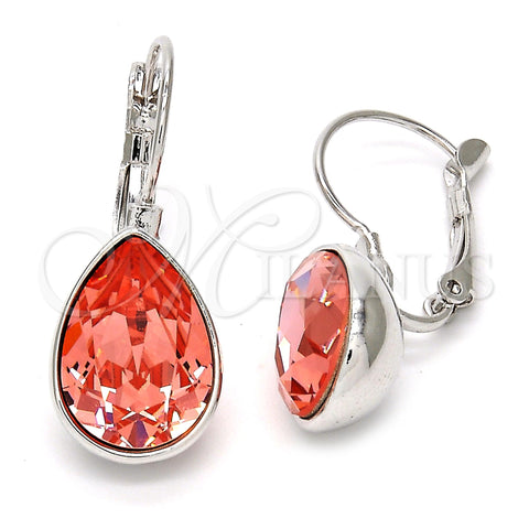 Rhodium Plated Leverback Earring, Teardrop Design, with Rose Peach Swarovski Crystals, Polished, Rhodium Finish, 02.239.0014.2