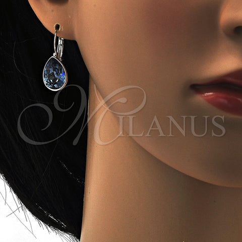 Rhodium Plated Leverback Earring, Teardrop Design, with Denin Blue Swarovski Crystals, Polished, Rhodium Finish, 02.239.0014.8