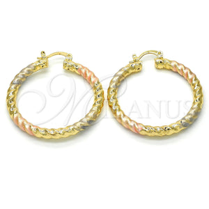 Gold Filled Hoop Earrings — Medium Hoop Twist and Hollow Design Diamond Cutting — main product view — SKU 108577 | Oro Laminado aretes de aro — Medium Hoop Twist and Hollow diseño Diamond Cutting — SKU 108577