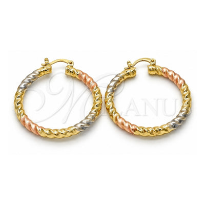 Oro Laminado Medium Hoop, Gold Filled Style Twist and Hollow Design, Diamond Cutting Finish, Tricolor, 02.170.0108.1.40