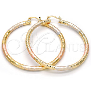 Gold Filled Hoop Earrings — Large Hoop Hollow Design Diamond Cutting Tricolor 02. — main product view — SKU 108579 | Oro Laminado aretes de aro — Large Hoop Hollow diseño Diamond Cutting Tricolor 02. — SKU 108579